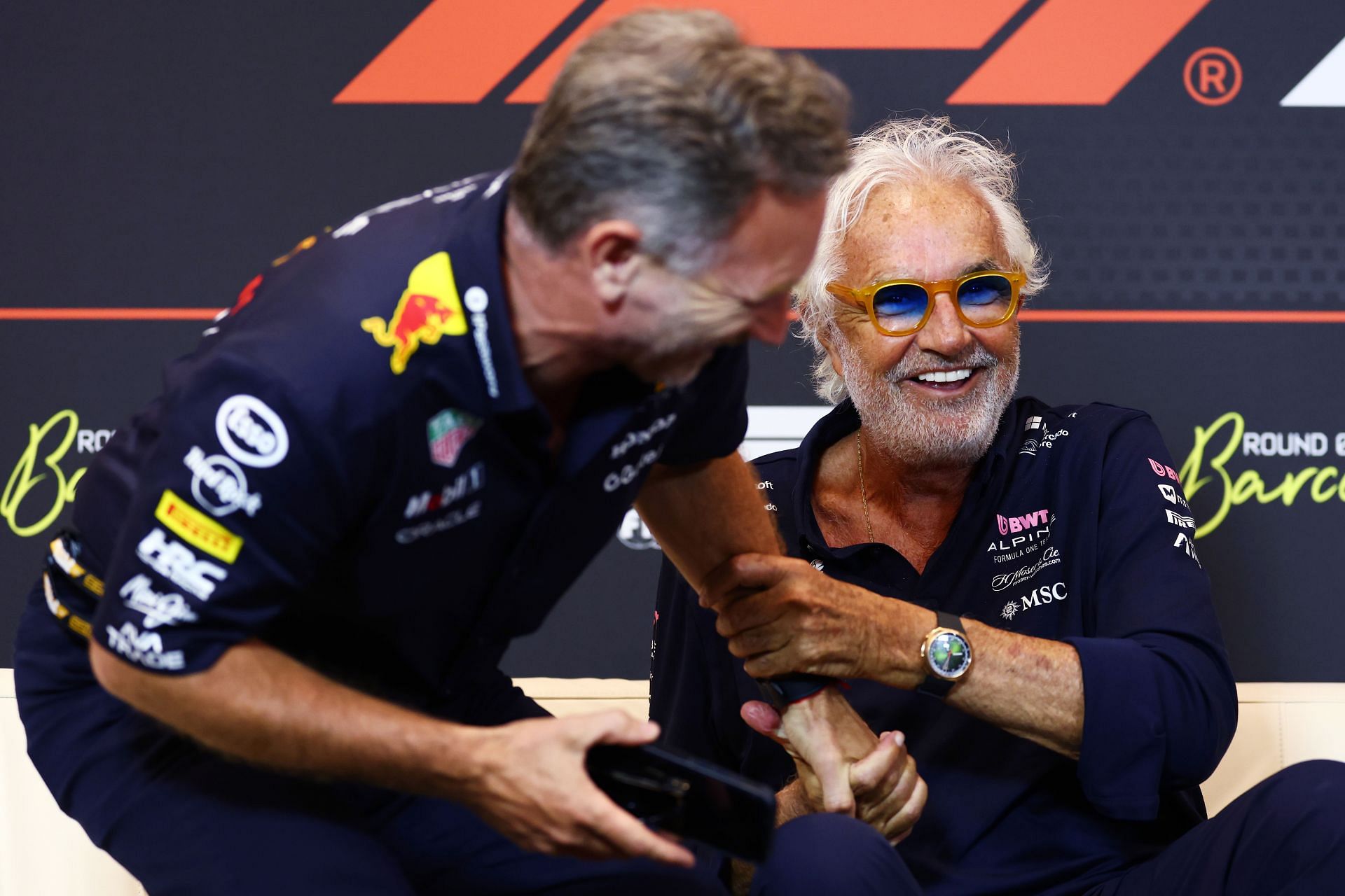 Flavio Briatore with Christian Horner at the Spanish Grand Prix - Press Conference - Source: Getty